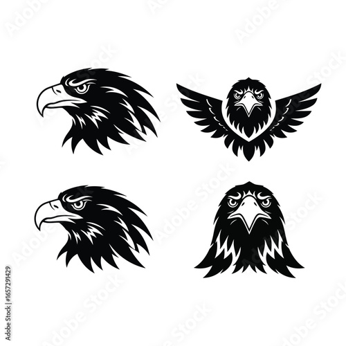 Eagle head logo design collection. Powerful bird of prey mascot icon set in a bold silhouette style for team emblems.