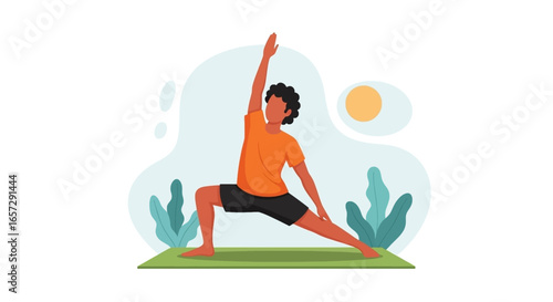Person in orange shirt practicing yoga outdoors on a mat, demonstrating healthy lifestyle, fitness, and well-being. Ideal for wellness and exercise themes.