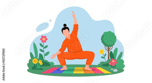 Person doing yoga outdoors on a colorful mat amidst green plants and flowers, embodying wellness, health, and a relaxed lifestyle.