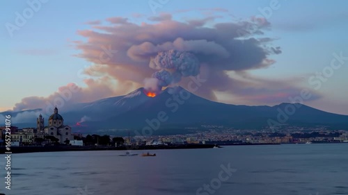 Volcano erupting with smoke and lava near coastal city and church at dusk view