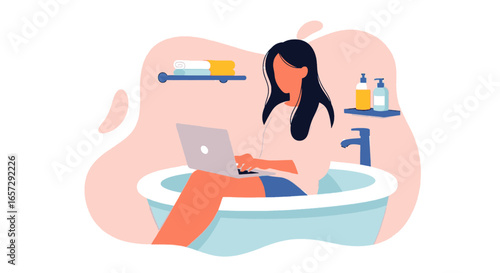 Woman working remotely on laptop from the comfort of her bathtub, illustrating a flexible work-from-home lifestyle and multitasking.