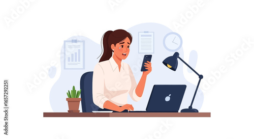 Distressed woman crying while checking her smartphone at the office, representing stress, bad news, or burnout in business.