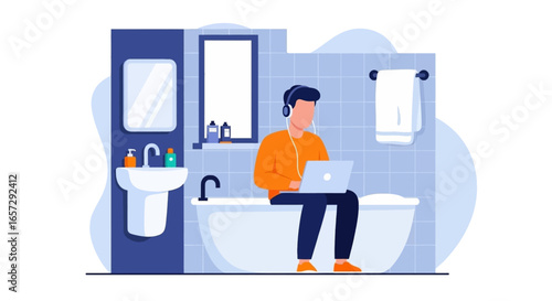 Man works remotely from a bathtub, using a laptop and headphones, illustrating flexible work arrangements and unconventional home office setups.