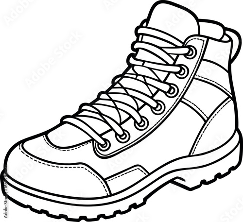 Detailed Line Art Illustration of a Hiking Boot on a White Background