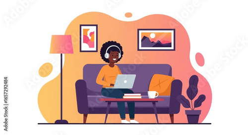 Smiling Black woman with headphones working on laptop from her cozy living room couch, ideal for remote work, online learning, or digital lifestyle concepts.