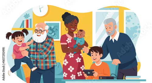 Happy multi-generational family at home, embracing togetherness and modern family life. Ideal for lifestyle, family values, and childcare concepts.