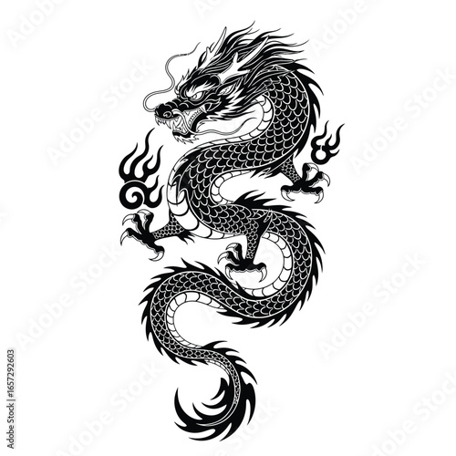 Powerful black and white Chinese dragon illustration with intricate details. A classic oriental tattoo style mythical creature symbolizing strength.