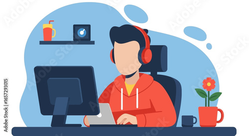 Young person in headphones working remotely on a computer and laptop, showcasing comfortable home office setup for digital learning or business.