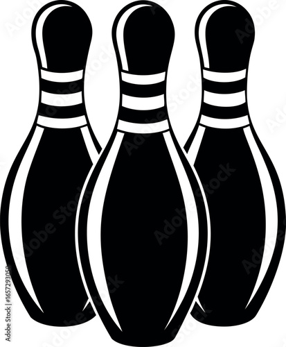 Three Striking Bowling Pins Stand Ready for Action in a Monochrome Style