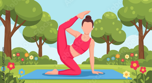Woman practicing yoga in a serene park, demonstrating flexibility and healthy lifestyle. Ideal for wellness, fitness, or outdoor activity themes.