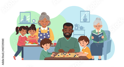 A joyful multi-generational family spends quality time at home, playing board games and preparing food, depicting happiness and togetherness.