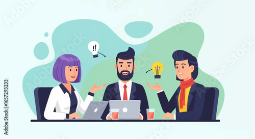 Diverse business team collaborating in a dynamic meeting, generating innovative ideas and strategies. Ideal for corporate and educational themes.