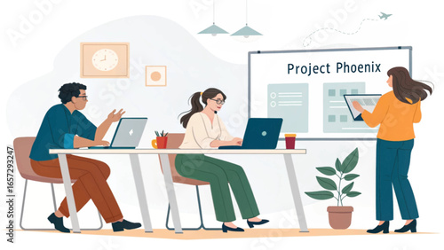 A diverse team collaborates in a modern office, presenting and working on laptops, symbolizing strategic project development and business success.