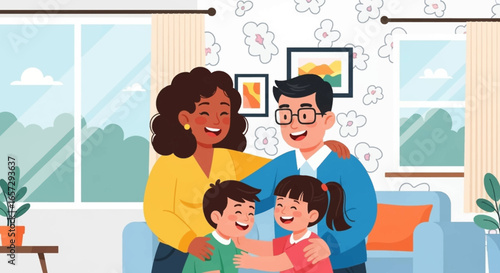 Happy diverse family embracing in their cozy home, symbolizing love, unity, and a joyful domestic life. Ideal for parenting, lifestyle, or family-focused designs.