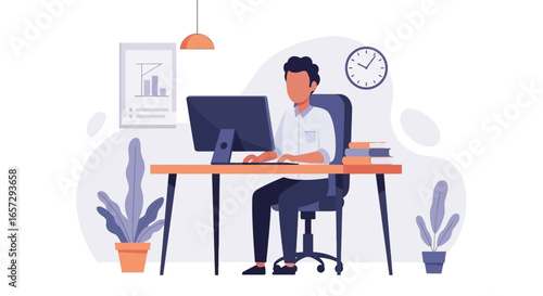 Focused man working efficiently at his desk with a computer in a modern office or home office setting. Ideal for business, remote work, productivity, or education concepts.