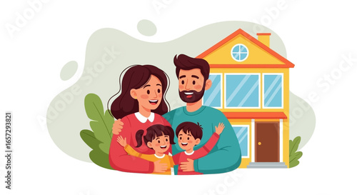 Joyful cartoon family with two children embracing in front of their home, depicting happiness, security, and new beginnings. Perfect for real estate and family concepts.