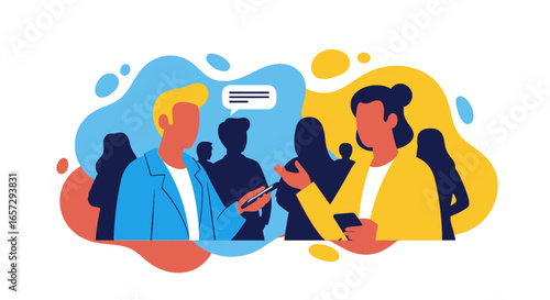 Two individuals engage in conversation, exchanging ideas in a dynamic social or business setting. Represents communication, networking, and collaboration.