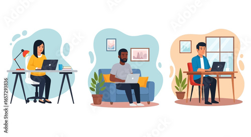 Diverse people work remotely from home using laptops, illustrating flexible work, freelancing, and online education concepts. Productive lifestyle.