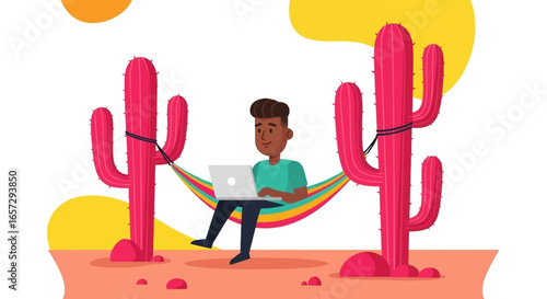 Happy man working on laptop in a hammock slung between pink cacti in a desert. Remote work, digital nomad, travel, freedom, and relaxation concept.