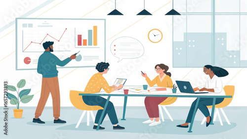 Diverse business team collaborating in a modern office, analyzing data and discussing strategy for growth and success.