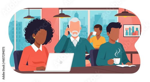 Diverse professionals collaborate and work productively in a modern co-working cafe, enjoying coffee and a vibrant urban environment. Ideal for business, technology, and lifestyle concepts.
