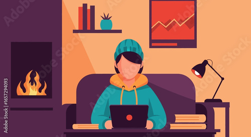 A person works remotely on a laptop in a cozy home environment by a warm fireplace, perfect for flexible work, study, or relaxed lifestyle concepts.