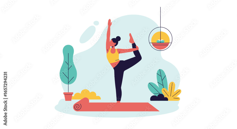 Fototapeta premium Woman practicing graceful yoga pose on a mat, highlighting wellness, balance, and mindful living for health and fitness concepts.