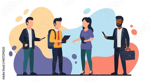Diverse professionals engage in discussion and collaboration. Ideal for concepts of teamwork, business meetings, and effective communication.
