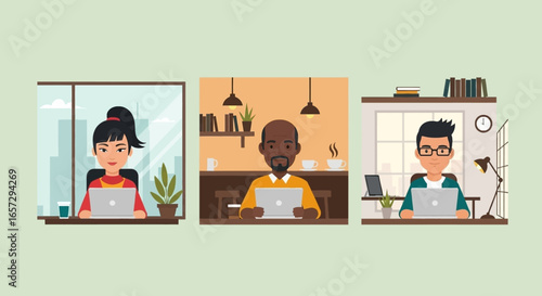 Diverse professionals working on laptops in various settings: office, cafe, and home. Representing remote work, global connectivity, and flexible business solutions.