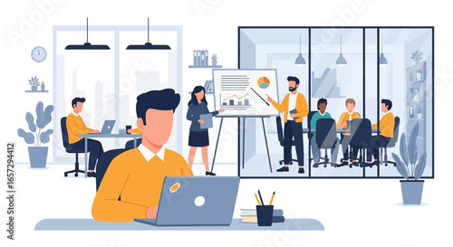 Professionals collaborate in a modern office, featuring a vibrant team meeting and an individual focused on work. Ideal for business, corporate, and productivity themes.