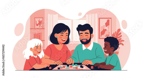 Happy multi-ethnic family playing a board game together at home, enjoying quality time. Joyful parents and children bonding through leisure activity.