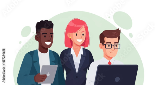 Diverse business professionals collaborate using modern technology, embodying teamwork, innovation, and success in a contemporary work environment.