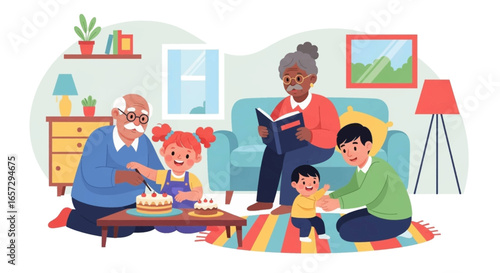 Happy multi-generational family celebrating at home. Grandparents, father, and children bond over cake, reading, and play, depicting joy, love, and unity.