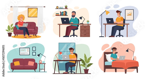 Diverse people work remotely from home, showcasing flexible modern lifestyles, online business, and education opportunities.