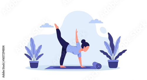 Woman practicing yoga, balancing in a half-moon pose with potted plants. Ideal for concepts of health, wellness, exercise, mindfulness, and a balanced lifestyle.