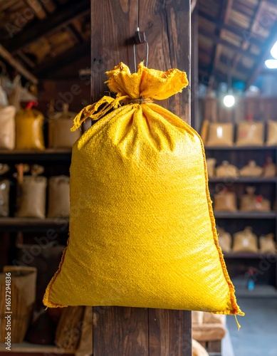 Yellow burlap sack hanging from wooden post in warehouse