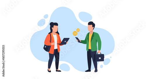 Professional man and woman exchanging information via laptop and smartphone, illustrating digital communication and business connectivity.
