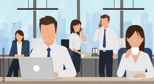 Diverse business professionals collaborate and communicate in a modern corporate office, symbolizing teamwork, productivity, and urban work life.