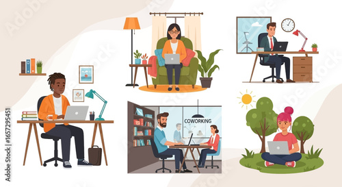Flexible work concepts: illustrations of professionals working productively from home, vibrant coworking spaces, and serene outdoor settings.