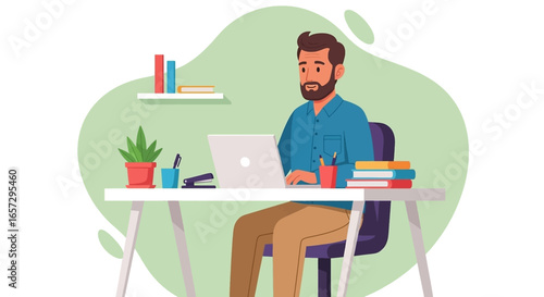 Man working diligently on his laptop at a modern desk, surrounded by office essentials, suitable for business, education, or remote work concepts.
