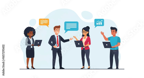 Diverse business team collaborating and communicating digitally with laptops. Represents teamwork, online discussion, and business growth for modern enterprises.