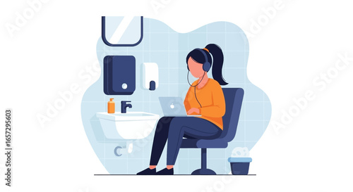 Focused woman works on laptop in a bathroom, illustrating the modern challenges and flexibility of remote work and unusual home office setups. Productivity at home.