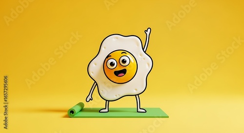 A happy, energetic cartoon fried egg character doing yoga on a mat, isolated on a vibrant yellow background
