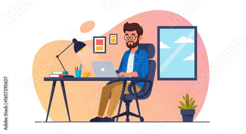A focused man works on his laptop at a clean, contemporary home office desk. Ideal for remote work, online education, and digital lifestyle concepts.