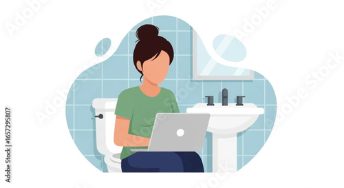 Woman working on laptop while sitting on toilet in a bathroom. Depicts remote work flexibility, unconventional workspaces, and digital lifestyle.
