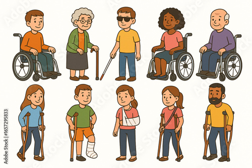 Cartoon disabled people with wheelchairs canes crutches plaster vector set
