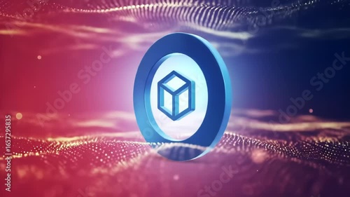 Abstract graphic, a blue circular frame encloses a 3D cube symbol, against a background of textured, blurred, multicolored waves