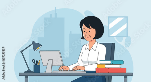Professional woman focused on work at her desk, utilizing technology for productivity in a modern office or home setting with city views. Ideal for business, education, or lifestyle themes.