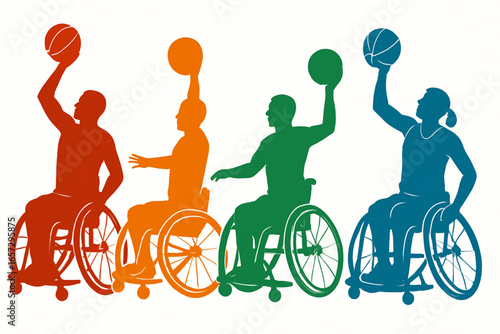 Color silhouettes of wheelchair basketball disabled athletes vector illustration