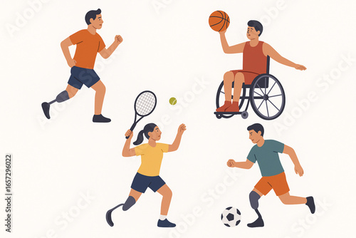 Vector flat illustration disabled athletes wheelchair prosthesis basketball tennis soccer jogging
